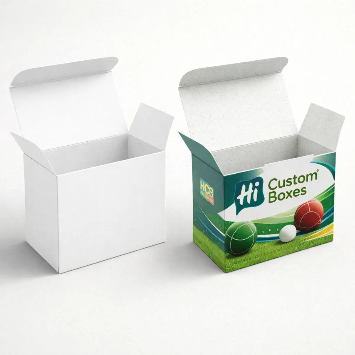 A plain white tuck-top box next to a printed version showing green and red bocce balls- class=